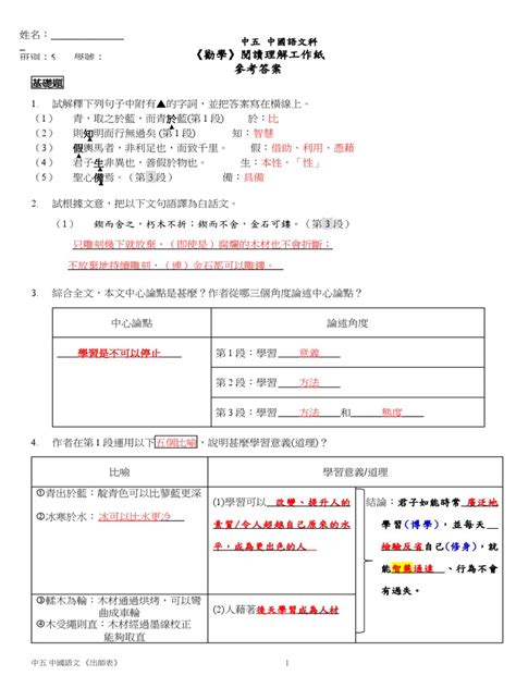 啞孝子工作紙答案|勸學工作紙參考答案 